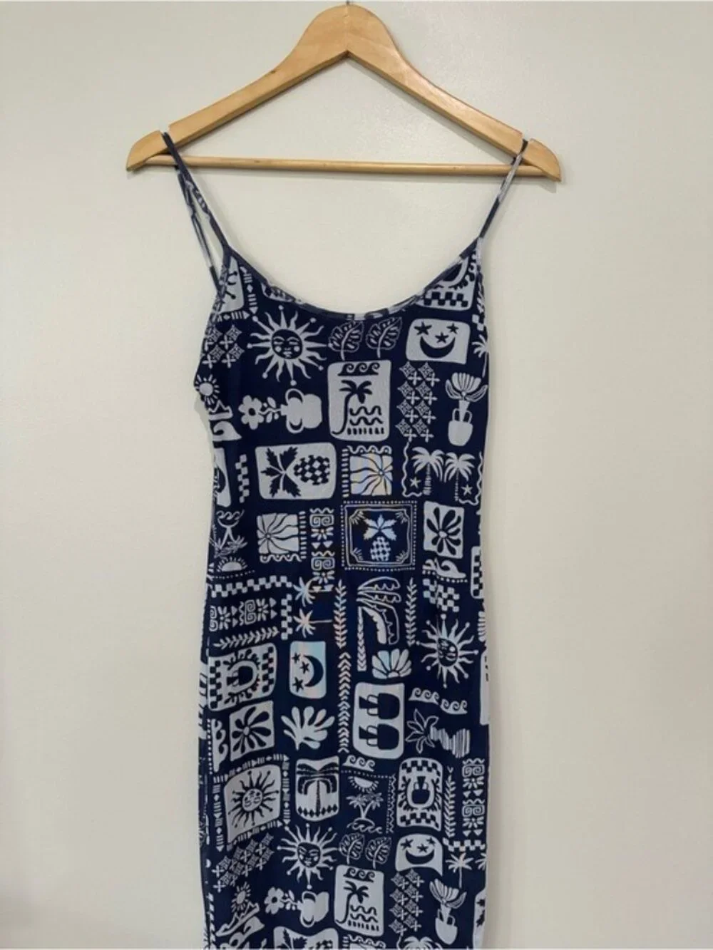 See You Monday Tropical Mesh Maxi Dress Blue White Resort Vacation Size L - Picture 3 of 10